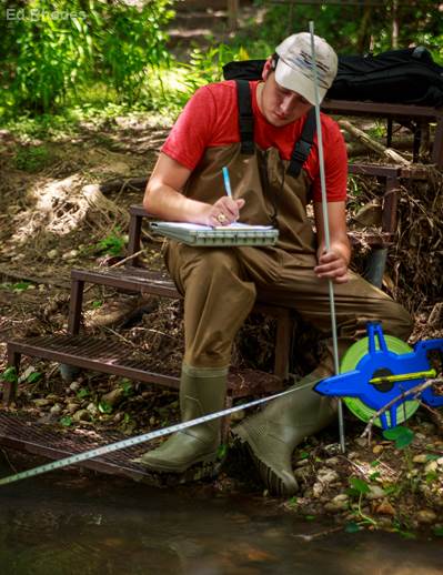 Nathan Glavy, TWRI Extension program specialist, records stream measurements at the Geronimo Creek demonstration site.